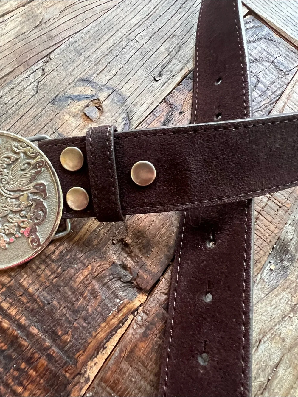 Men’s  Brown Leather Belt with Decorative Silver-Tone Buckle